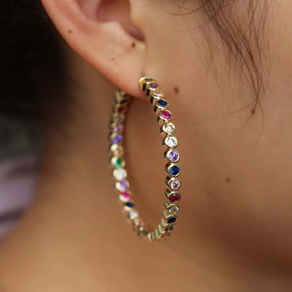 

BOHO big hoop earring gold color bezel setting rainbow colorful cubic zirconia european women lady gorgeous jewelry