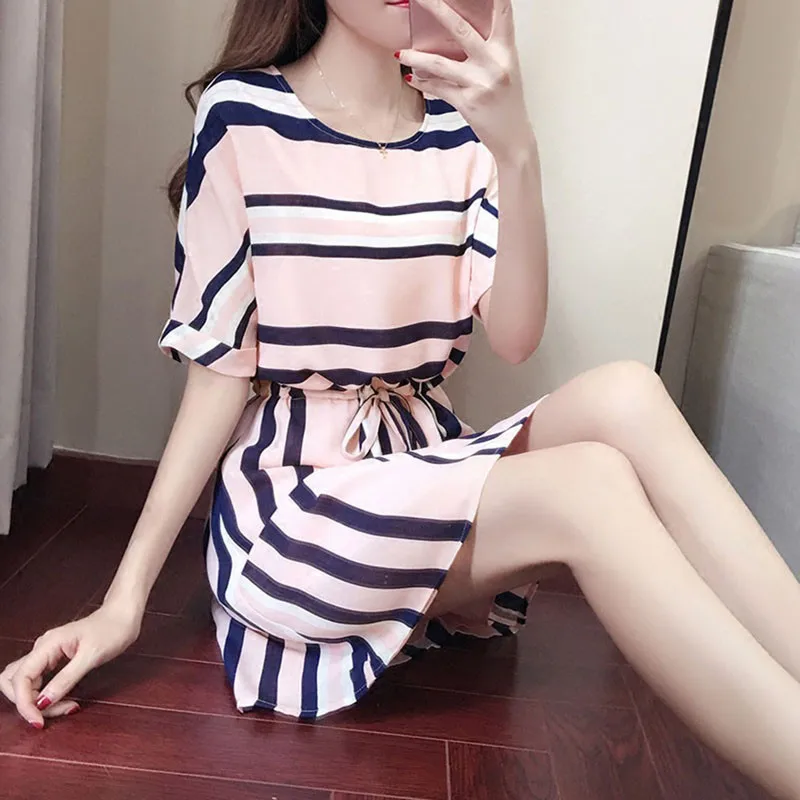 Bigsweety Women Summer Dress Female Korean Style Dresses O-neck Slim Mini A-line Short Sleeve Casual Stripe | Женская одежда