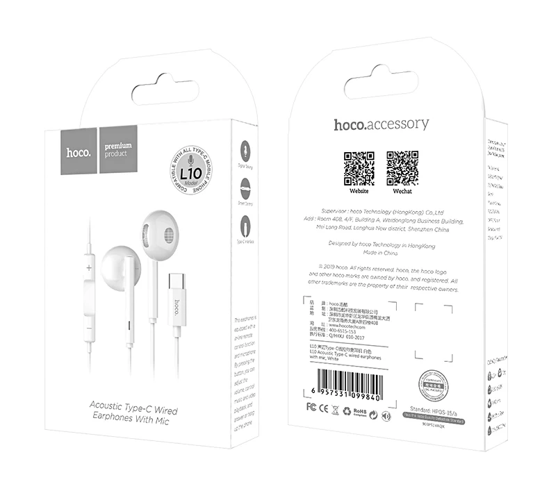 HOCO L10 наушники Встроенный микрофон Тип C проводные наушники для Xiaomi samsung с микрофоном гарнитура