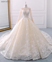 new arrive champagne ball gown wedding dress scoop neckline full sleeves chapel train with lace beaded vestidos de novia