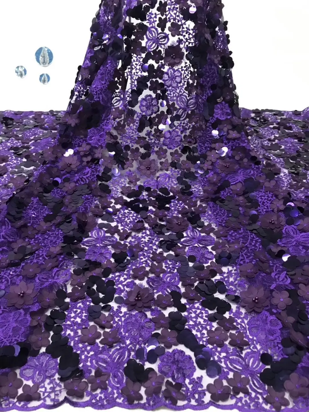 Африканская кружевная ткань с 3D цветком и бисером 2019 последняя фиолетовая