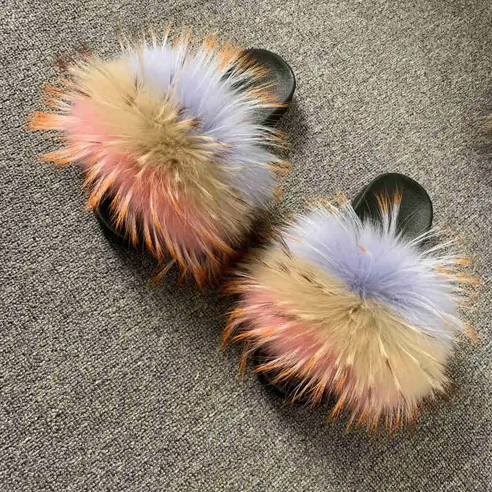 18 CCFUR New Colors Summer Slides Women's Real Fox Fur Slippers Fluffy Fur Sliders Mixed Color Fashion Lady S6048 - Цвет: 18