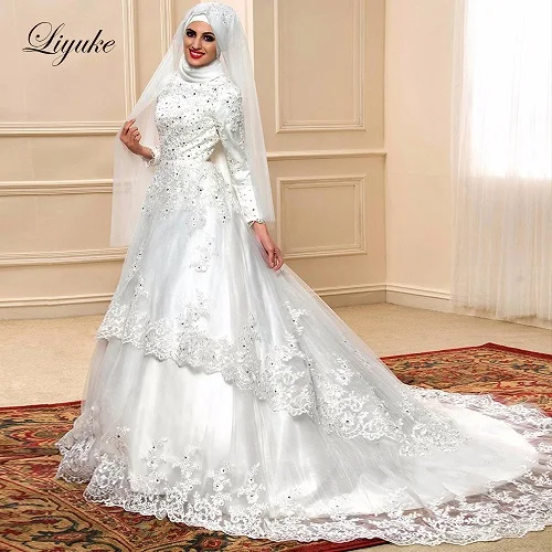 picture white Liyuke Off Белое мусульманское свадебное платье с простой аппликацией Vestido De Noiva Элегантные Длинные свадебные платья с длинными рукавами на молнии - Цвет: picture white