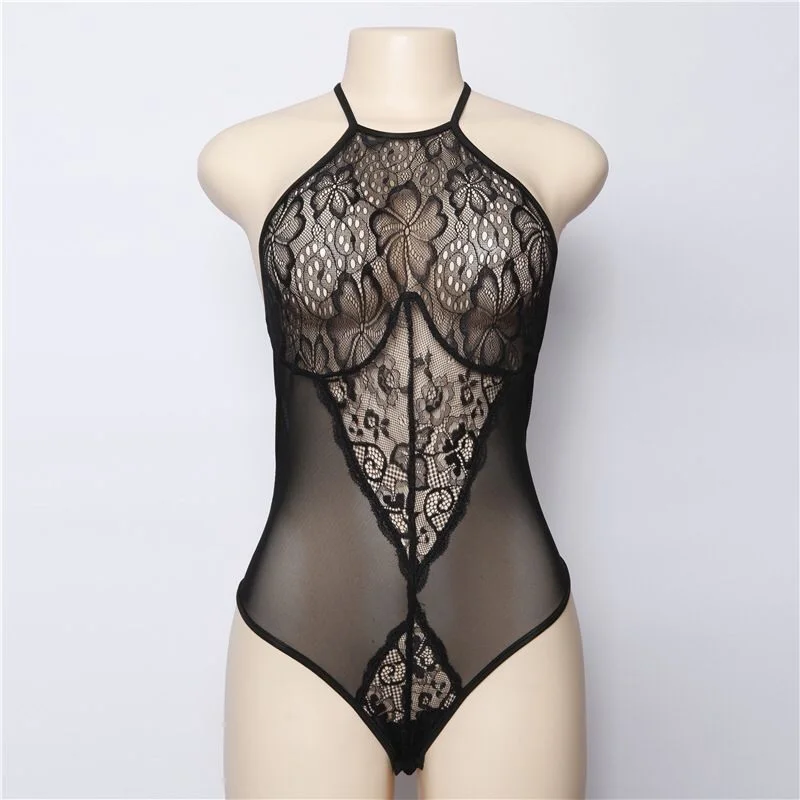 black BKLD Новые Сексуальные женские кружевные прозрачные сетчатые боди, комбинезоны, женские бюстье, комбинезон, ночное белье, Холтер, без рукавов, открытые комбинезоны - Цвет: black