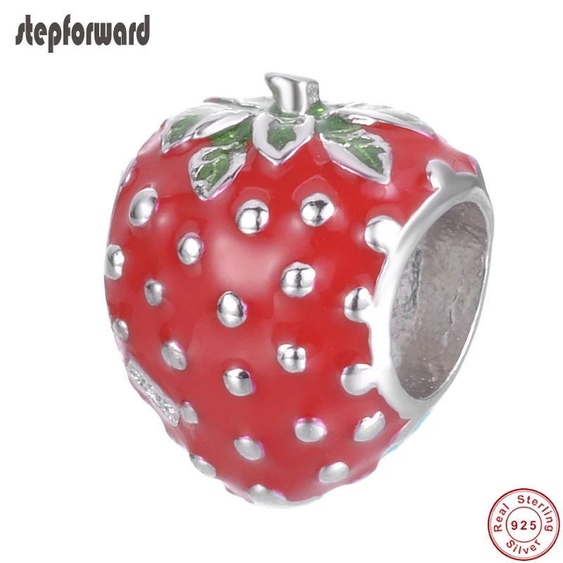 

Sweet Good Quality Red Enamel Strawberry Design Charm S925 Sterling Silver Strawberry Charm Pendants DIY Silvering Women Jewelry