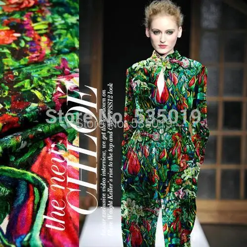 Шелковая ткань эластичная с зелеными цветами 97% для осени и зимы ткани шитья