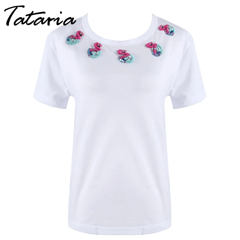 Футболка женская облегающая с вышивкой пуловер коротким рукавом и круглым