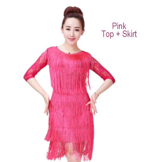 Top and Skirt Pink Топ с бахромой для латинских танцев для женщин, сексуальное платье для латинских танцев, костюм для самбы, танго, юбки для соревнований, перформамны, сальсы, женские латинские - Цвет: Top and Skirt Pink