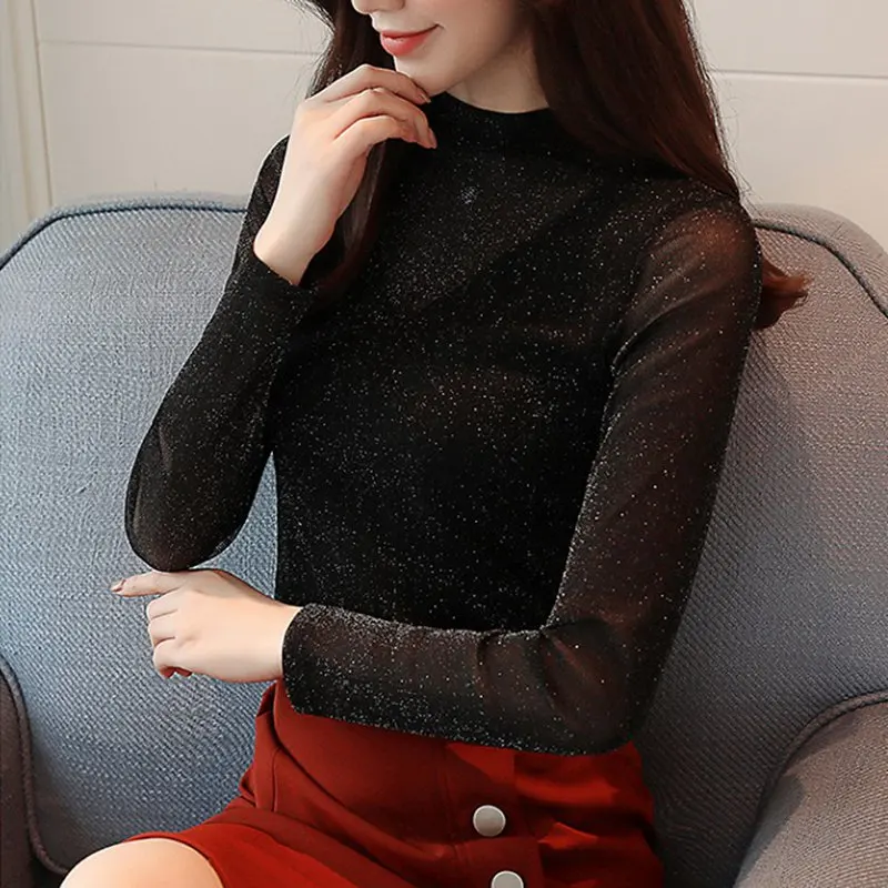 Женская кружевная блузка SEXMKL черная с длинным рукавом в Корейском стиле