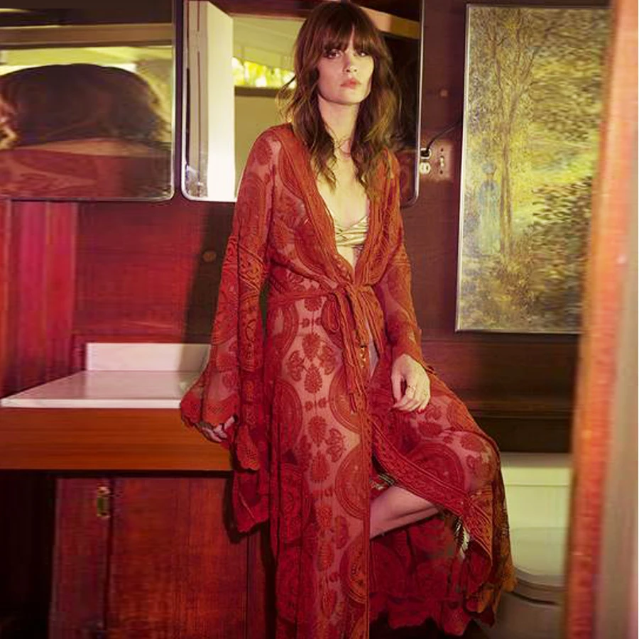 Женский кружевной кардиган Feccer розовый с цветочной вышивкой расклешенная блузка