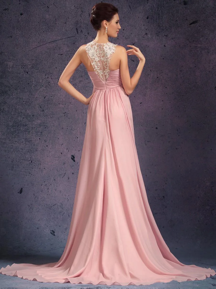 New Style Pretty Pink Lace Halter Evening Dresses Chiffon A-Line Formal Custom Made Simple Elegant Party Gowns | Свадьбы и торжества