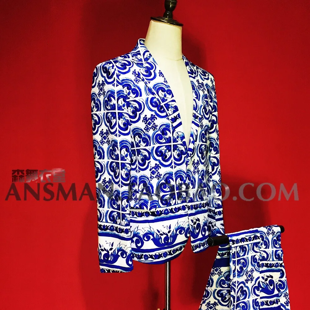 2021 новая мужская одежда певца модный тонкий синий и белый фарфор костюм мужской
