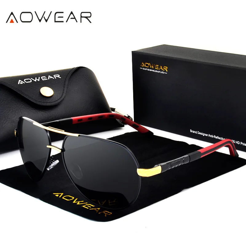Gold Black AOWEAR, классические мужские солнцезащитные очки, мужские, авиационные, алюминиевые, поляризационные, солнцезащитные очки, мужские,, фирменный дизайн, HD очки, зеркальные очки - Цвет линз: Gold Black