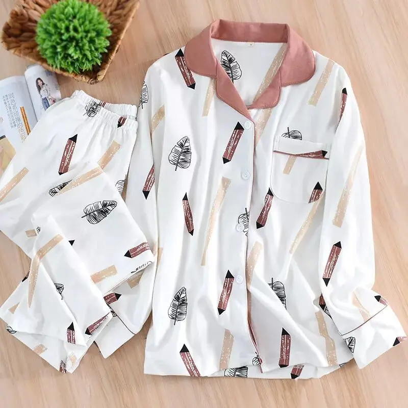 Женская одежда для осени и зимы пижамные комплекты трикотажная Хлопковая пижама