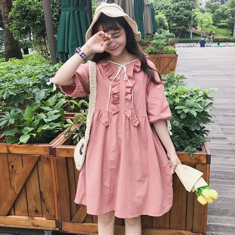 

2018 spring and summer new women's Korean loose cute girl long Mori girl short-sleeved V-neck dress