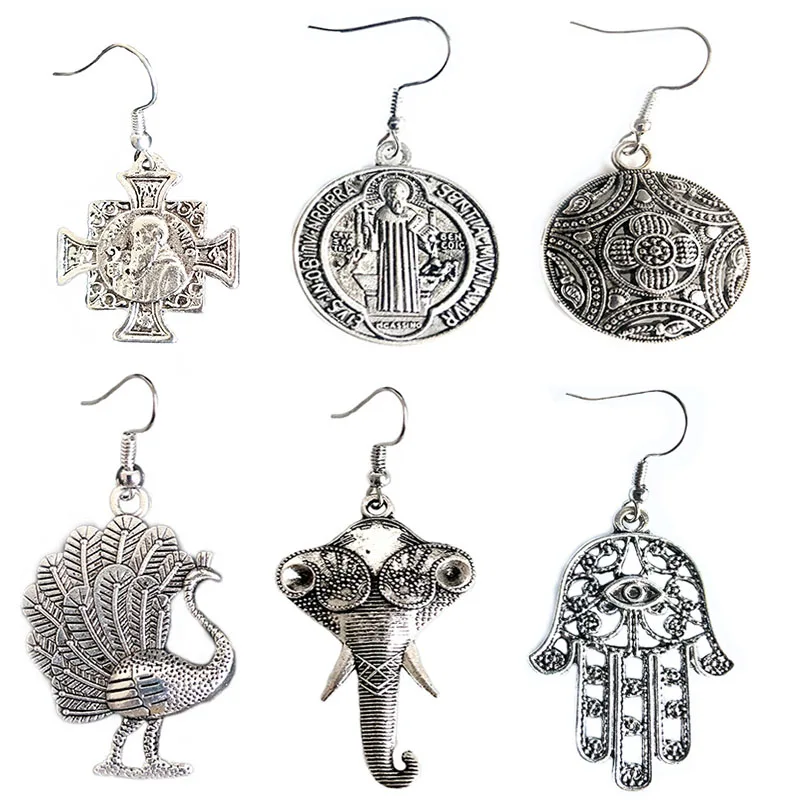 ThailandAncient серебряные антикварные женские серьги индия ручной работы старый ювелирные изделия Афган Павлин слон жрец христианство хиппи