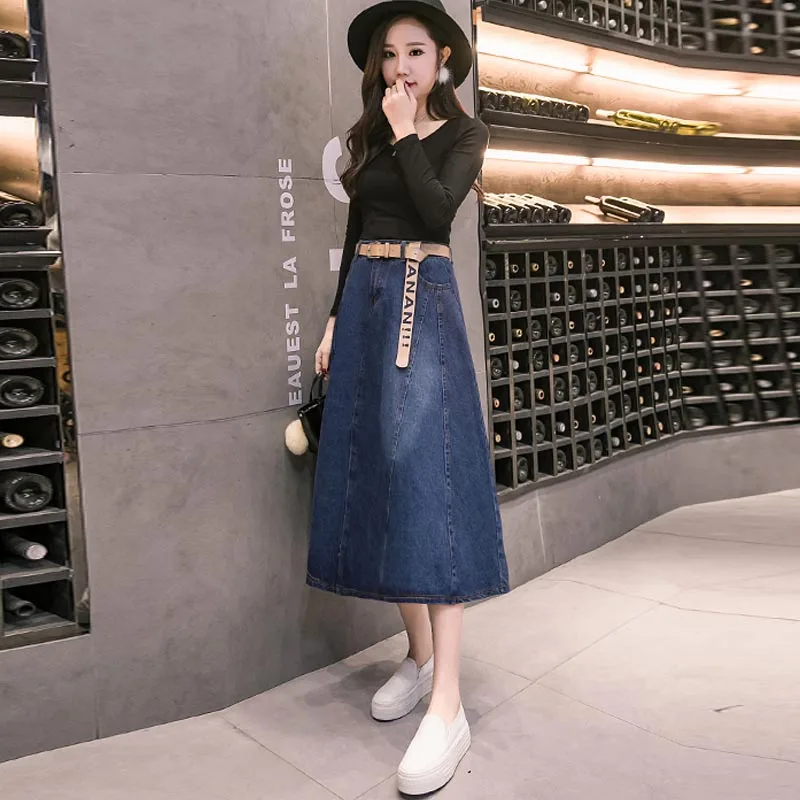 Faldas mujer moda Осенняя модная женская длинная Повседневная джинсовая юбка плюс размер Макси трапециевидная юбка винтажная Джинсовая юбка миди
