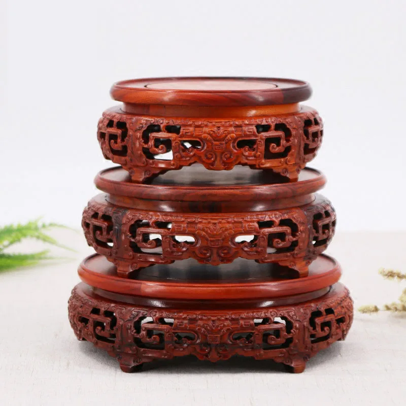 

8.5-35cm Diameter Africa Acerbic Wood Pierced Vase Base Hand Carved Pattern Flower Vase Stone Teapot Mahogany Buddha Jade Base