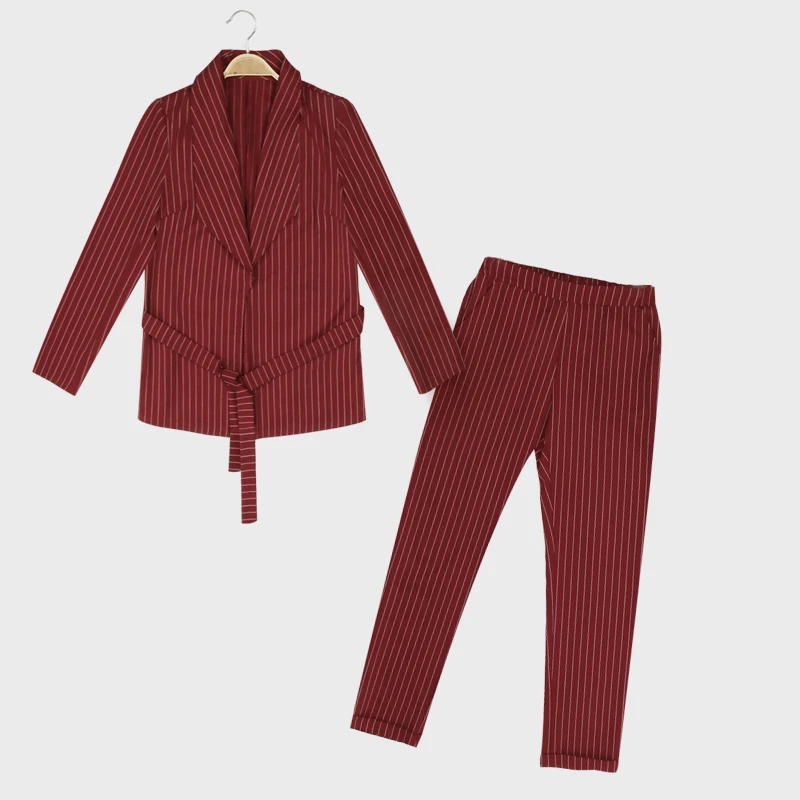 Вина Striped Belted Для женщин костюмы Двойка комплекты 2018 осень-зима элегантный