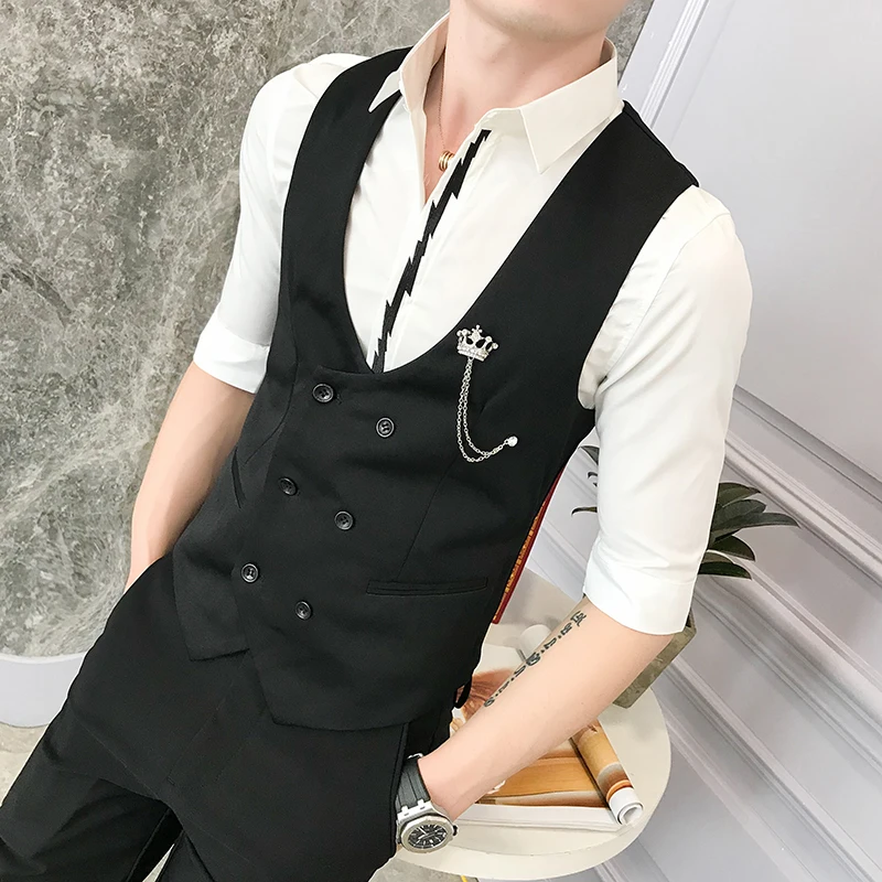 Повседневное черный костюм платья без рукавов для мужские куртки Hombre двубортное