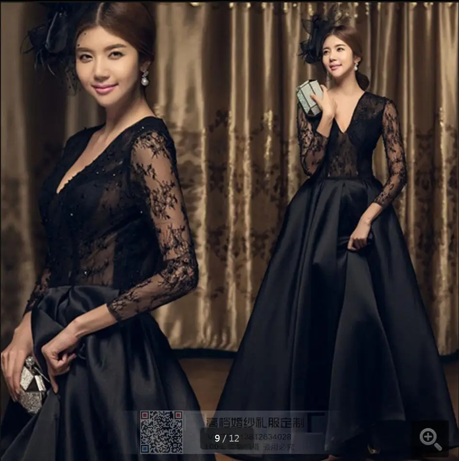 2016 великолепное черное кружевное атласное платье с настоящей картиной