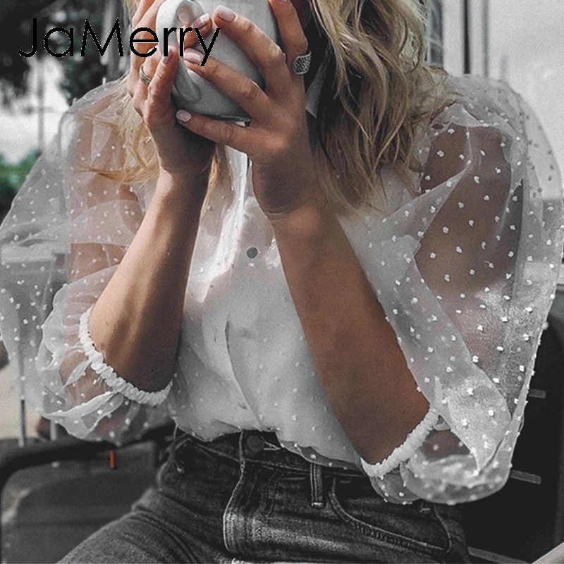 JaMerry элегантная сетчатая белая шифоновая блузка с длинным рукавом и пуговицами