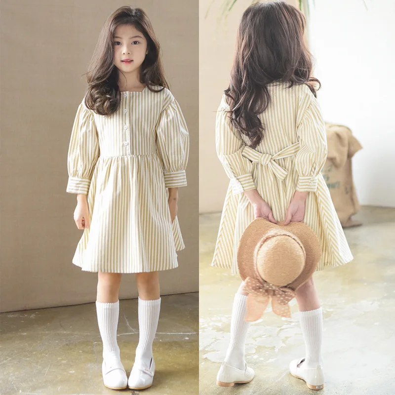 2018 Korean Girls Dress Spring Autumn Seven-point Sleeves Striped Bow Retro Square Collar Children Cotton Dresses for Teenagers | Детская