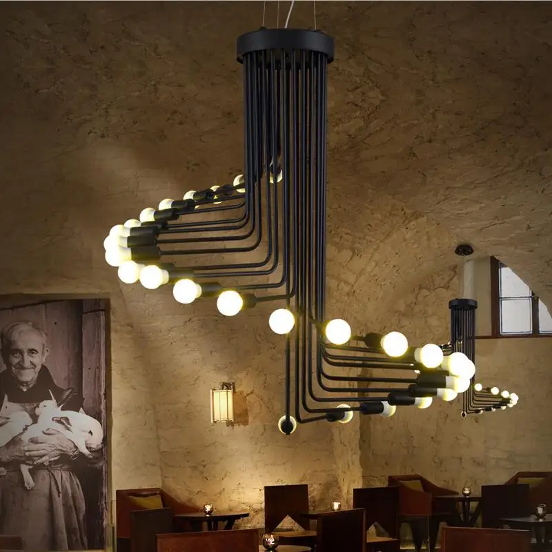 Industry Loft Vintage Chandelier Black Iron Wind Spiral Stairs Pendant Lamp Retro Living Room Lighting Fixture LED E27 110V-240V | Лампы и