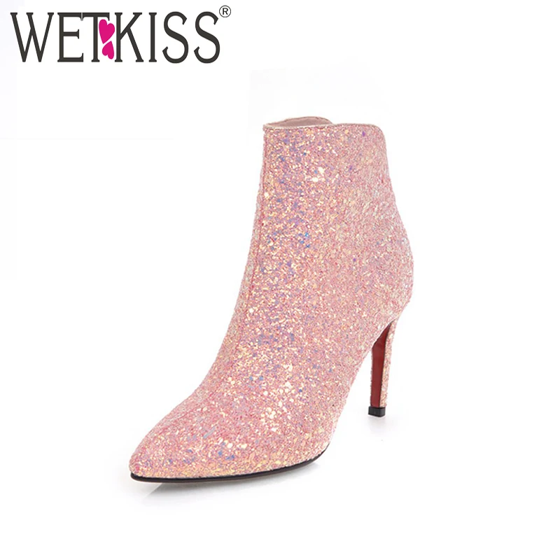 Женская свадебная обувь на молнии с острым носком и блестками размеры 34 43|wedding ankle