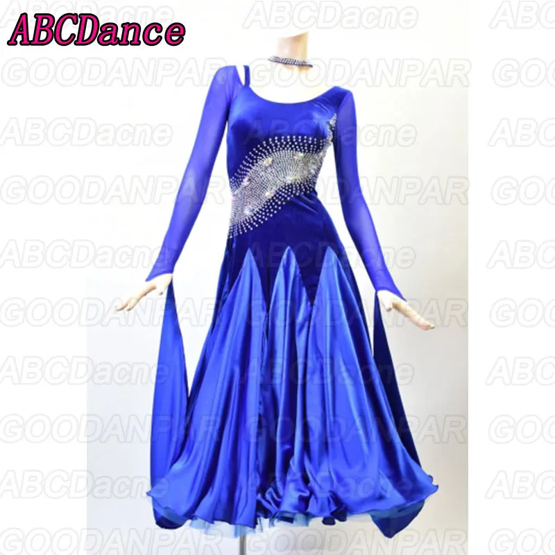 

Платье для бальных танцев для соревнований с длинным рукавом, синее стандартное платье для бальных танцев на заказ, костюм для вальса