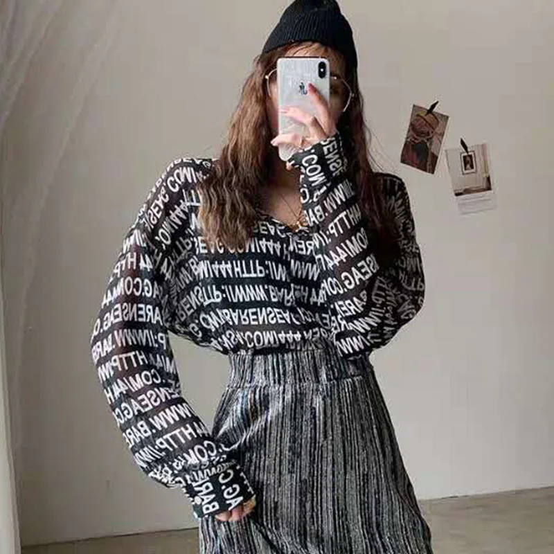 Cheerart Streetwear Letter Print Chiffon Blouse Women Long Sleeve See Through Fashion Shirts Loose Sheer Top 2019 |