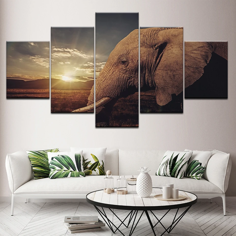 Картина на холсте голова слона закат Сияющий 5 шт. настенное искусство модульные