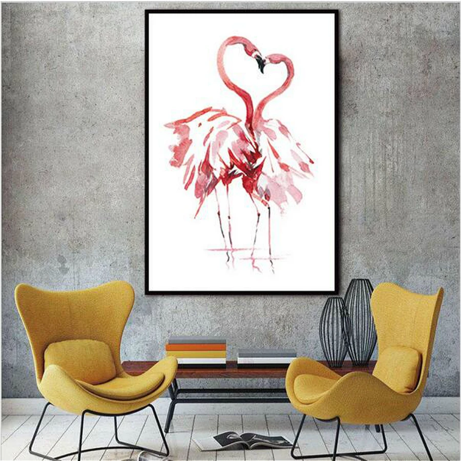Розовый акварель любви Фламинго животных Печать на холсте Живопись Nordic плакат Wall