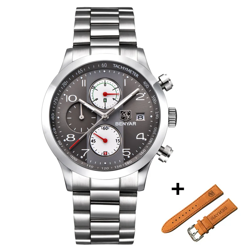 Steel grey BENYAR новые модные спортивные часы с хронографом, мужские брендовые кварцевые синие часы с кожаным ремешком, мужские часы Reloj Hombre - Цвет: Steel grey