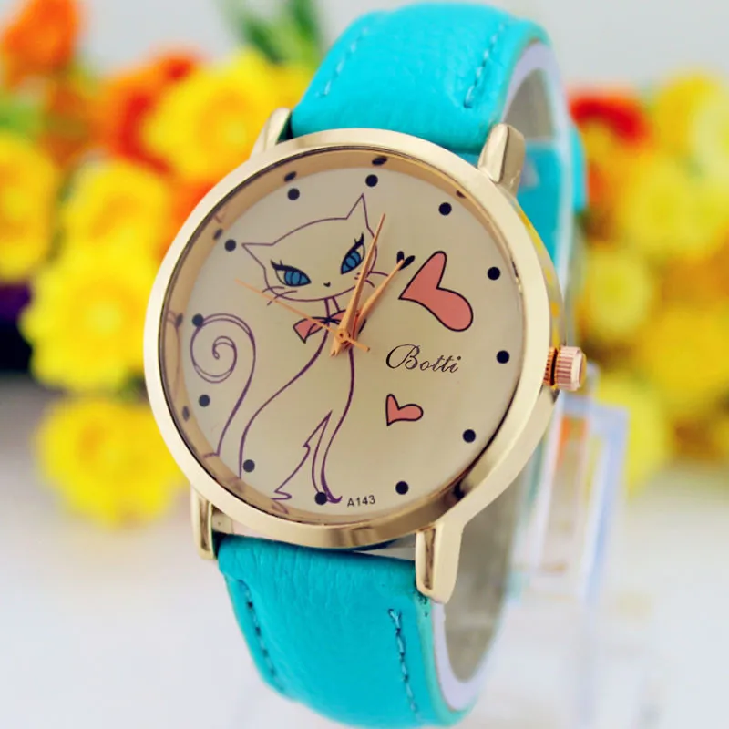 Небесно-голубой Модные женские искусственный кожаный полосатый ремешок с узором Love cat Dial Relogio feminino Аналоговые кварцевые наручные часы Cat женские часы B40 - Цвет: Небесно-голубой