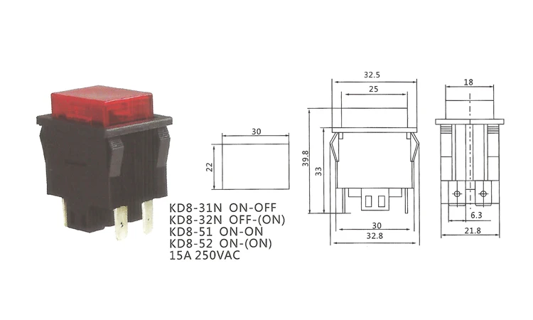 NS240 CE ROHS KD8-51 250VAC ON-ON 15A push button switch square | Обустройство дома
