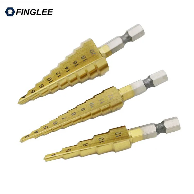 FINGLEE 3 шт./лот 1/4 &quotHSS титановые ступенчатые сверла 12 мм 4 20 конусные