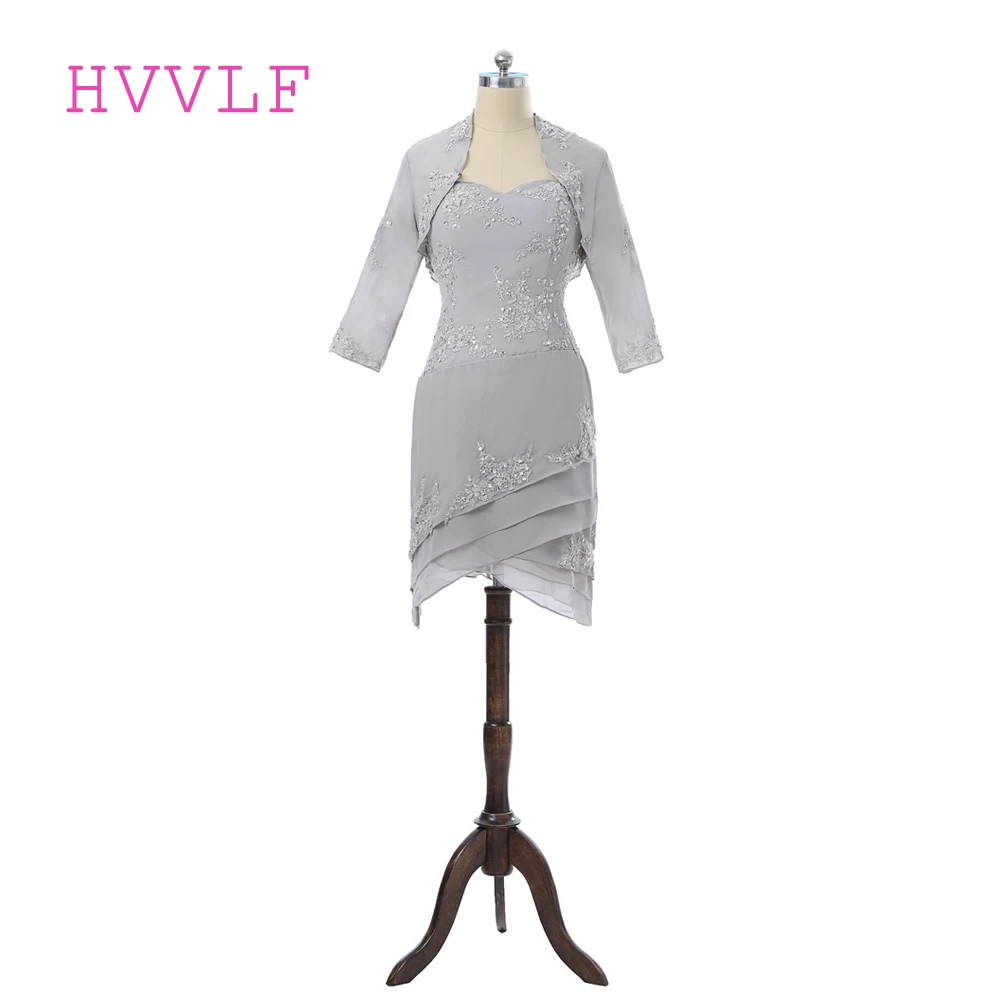 

Silver Mother Of The Bride Dresses Sheath Chiffon Lace Beaded With Jacket Plus Size Groom Short Mother Dresses For Wedding