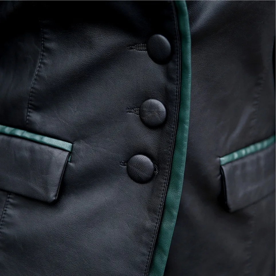 

Women Leather Jacket Skin Coat Oversize Fashion Single Breasted V-neck Cross Back PU Leather Outerwear High Quality