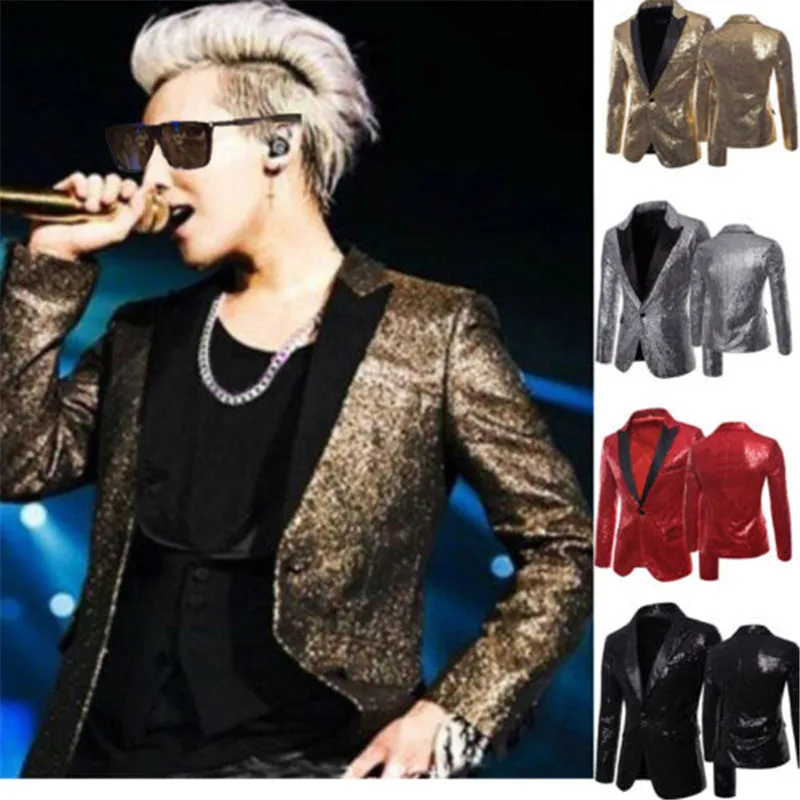 

Fashion Men Sequins Blazer Golden Silvery Sequin Blazer Men Jacket Long Sleeve One Button Blazers Evening Party Stage Jackets