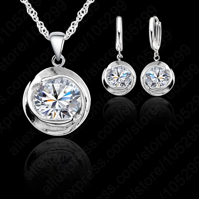 Elegant CZ Crystal 925 Sterling Silver Round Cubic Zirconia Stone Pendant Necklace Lever Back Earring Woman Jewelry Sets | Украшения и