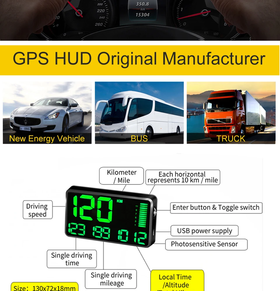 KINGNEEDC90 gps Спидометр hud Дисплей автомобиля hud с превышением скорости сигнализации время вождения цифровой автомобильный одометр для часов местное время высота