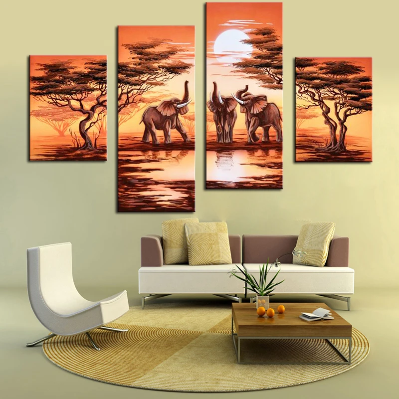 4 Panel Hand Painted Canvas Oil Painting African Safari Modern Landscape Elephant Forest Scenery Wall Pictures No Frame | Дом и сад