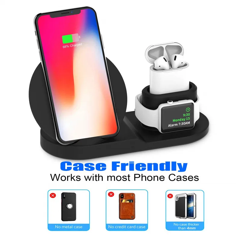 3 в 1 Беспроводная подставка для зарядного устройства для iPhone X Max XR iWatch 3 4 AirPod 10 Вт Qi быстрый беспроводной зарядный блок для samsung Galaxy S10