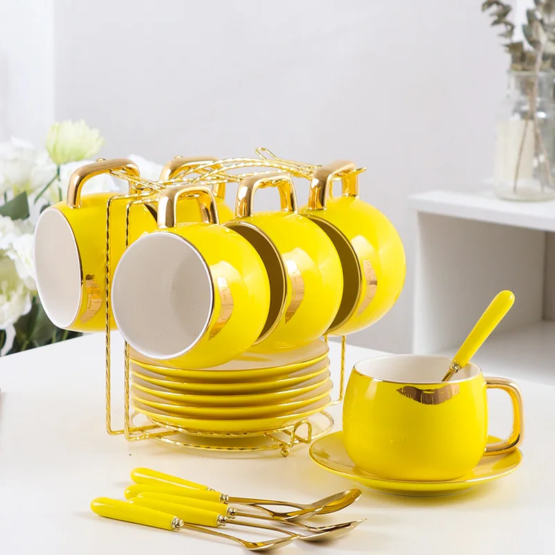 6-piece set Yellow Высокая-класс Кофе чашка Модный комплект одежды с принтом «губы» Кофе чашки фарфоровая чашка для чая наборы чашек и блюдца Набор кружек домашний, для напитков - Цвет: 6-piece set Yellow