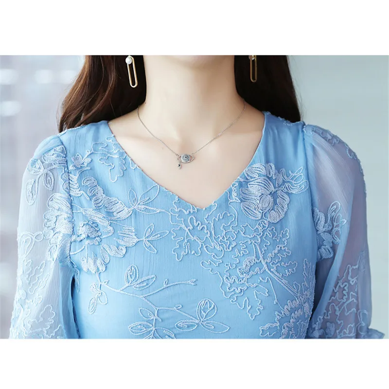 

Summer Dress Women Blue S-3XL Plus Size Knee-length Dresses 2019 New Korean Office Elegant V Neck Slim Bow Fashion Dress LR216