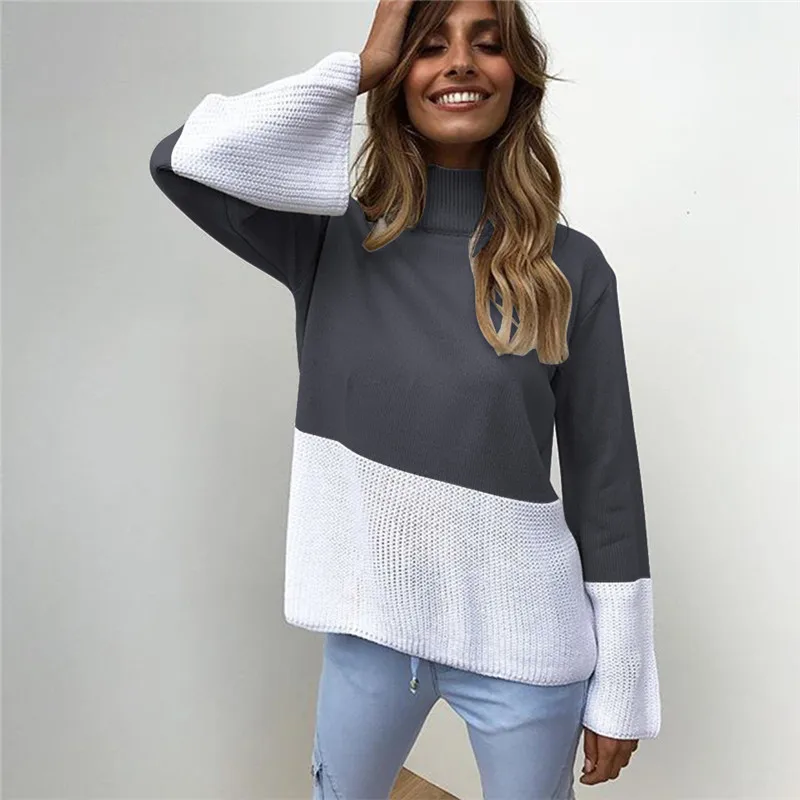 Turtleneck Sweater Autumn Winter Pullover Knitted Jumper Female Patchwork Loose Pullovers For Lady 2018 Femme | Женская одежда