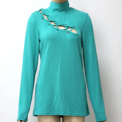 Женская Весенняя Водолазка с длинным рукавом футболки вырезами и завязками на