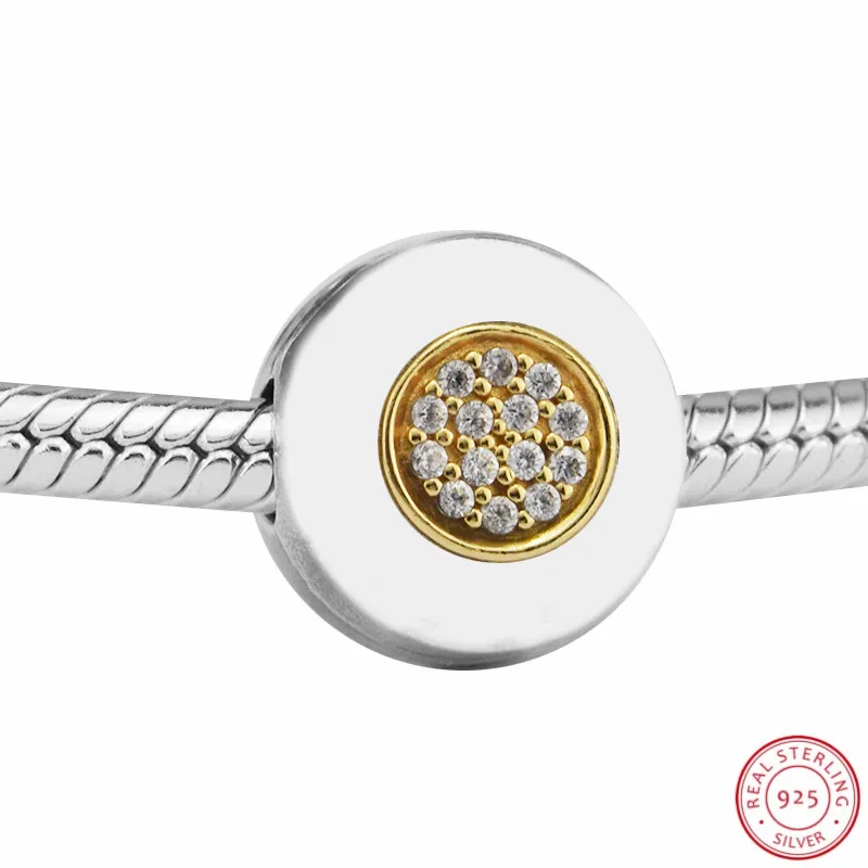 Шикарный принт логотип бусины с центральной 14 K золото и прозрачный CZ для женщин ювелирных изделий DIY Fit PANDORA Подвески Серебро 925 CL039K
