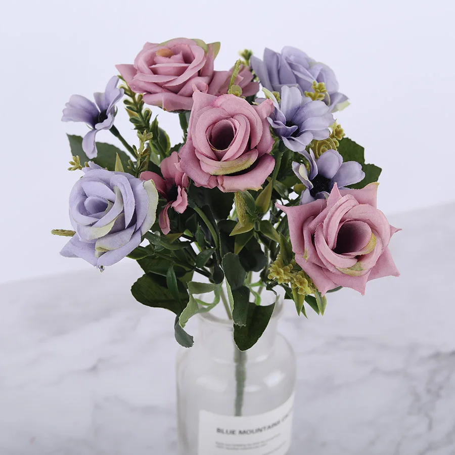 purple flower Маленькие искусственные розы, шелковые цветы, красные свадебные искусственные цветы для дома, гостиной, украшения, искусственные розы, ремесленные цветы, высокое качество - Цвет: purple flower
